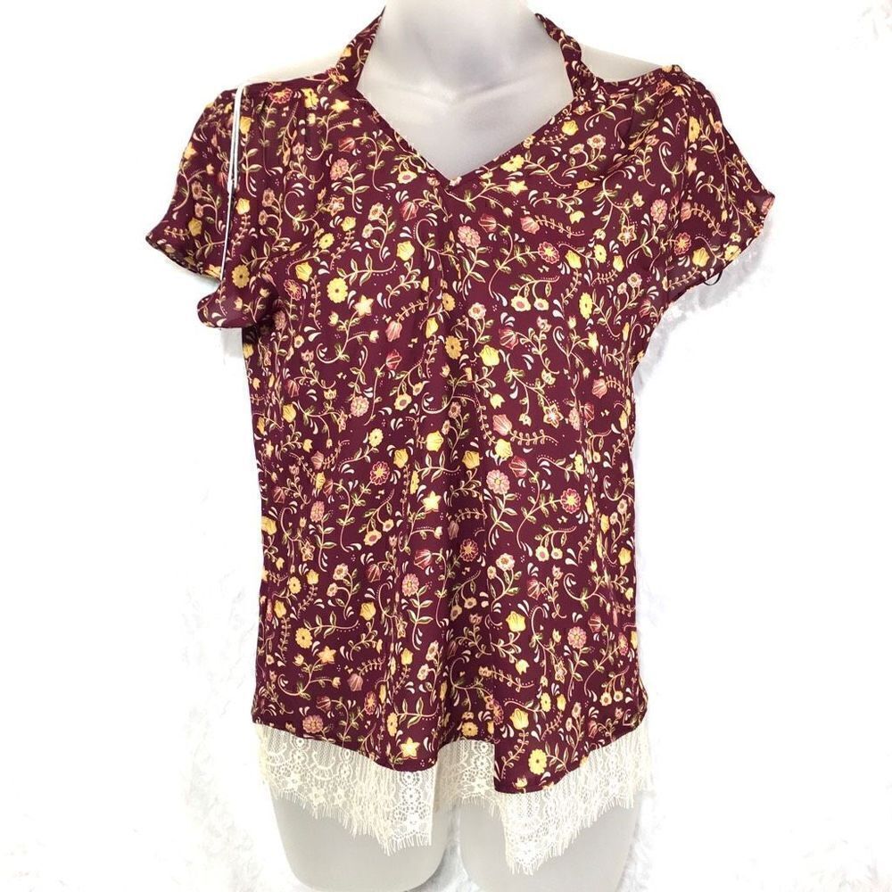 Lauren Conrad Women's Floral Pattern Lace Hem Pleat Neck Top Size XS NWT NEW col